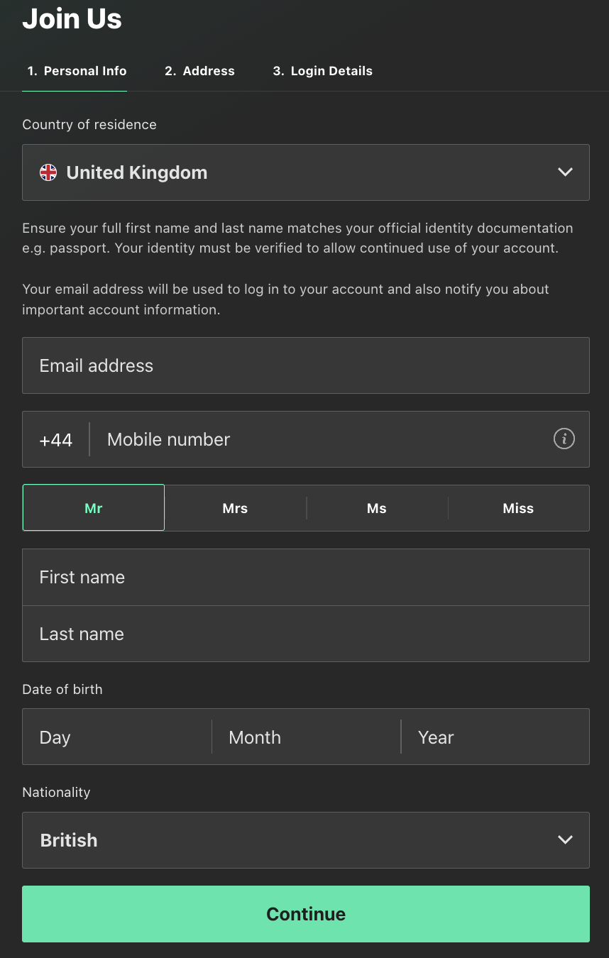 A bookmaker's registration page, showing the sections a prospective bettor needs to complete to sign up
